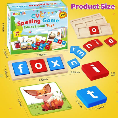 KMUYSL CVC Word Spelling Games, Wooden Learning Activities Toys, Educational Montessori Toy for 2 3 4 5 Years Old Toddlers Kids Boys and Girls, Flash Cards Sight Words for Kindergarten Preschool