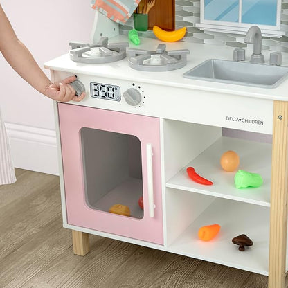 Delta Children Tiny Chef Play Kitchen - Toy Kitchen Playset with Realistic Knobs That Turn/Click, Oven, Sink, Microwave and 15 Pieces of Play Food, Pink