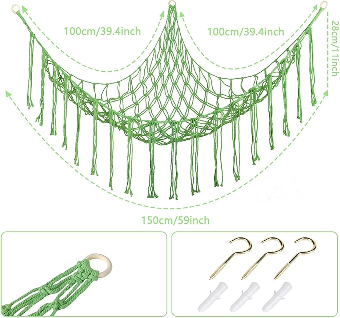 Boho Stuffed Animals Net or Hammock Large,55 inch Toy Hammock Macrame Stuff Animal Storage Corner Hanging Net Holder,Mesh Hammock Plush Toy Organizer with Hooks for Bedroom,Nursery (Light Green)