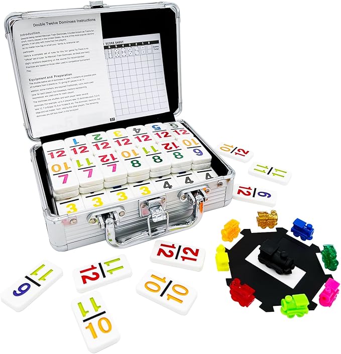 Mexican Train Dominoes with Numbers, Color Double 12 Numerical Domine Set for Adults and Family, Classic 91 Tiles Board Grame with Aluminym Case