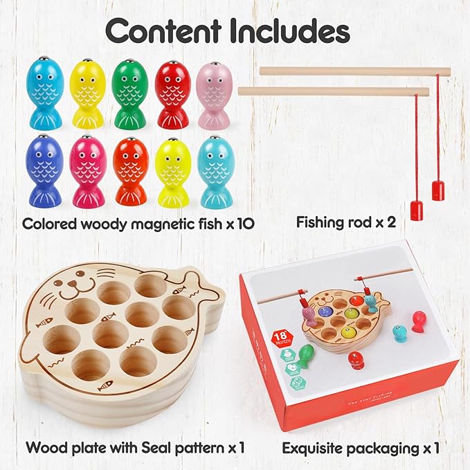 Wooden Magnetic Fishing Game for Kids 3+,Montessori Preschool Educational Activities Learning Hand-Eye Coordination Fine Motor Skills Color Sorting Magnet Fish Toys for Boys Girls