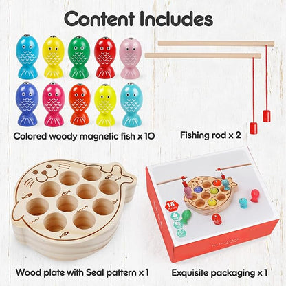 Wooden Magnetic Fishing Game for Kids 3+,Montessori Preschool Educational Activities Learning Hand-Eye Coordination Fine Motor Skills Color Sorting Magnet Fish Toys for Boys Girls