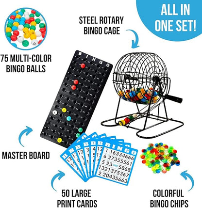 Regal Bingo Deluxe Bingo Game Set for Adults and Kids - Includes 8 Inch Bingo Wheel Cage, 75 Balls, Master Board, 50 Cards and Colorful Chips - Fun Family Bingo Night