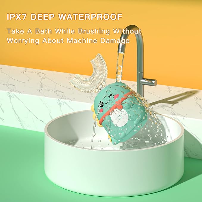 Kids Electric Toothbrush U Shaped Toddler Auto Sonic Toothbrushes with 5 Brush Head,Cartoon Dinosaur Ultrasonic Toothbrushes for Children 2-12 Years,360° Full Mouth Cleaning Automatic