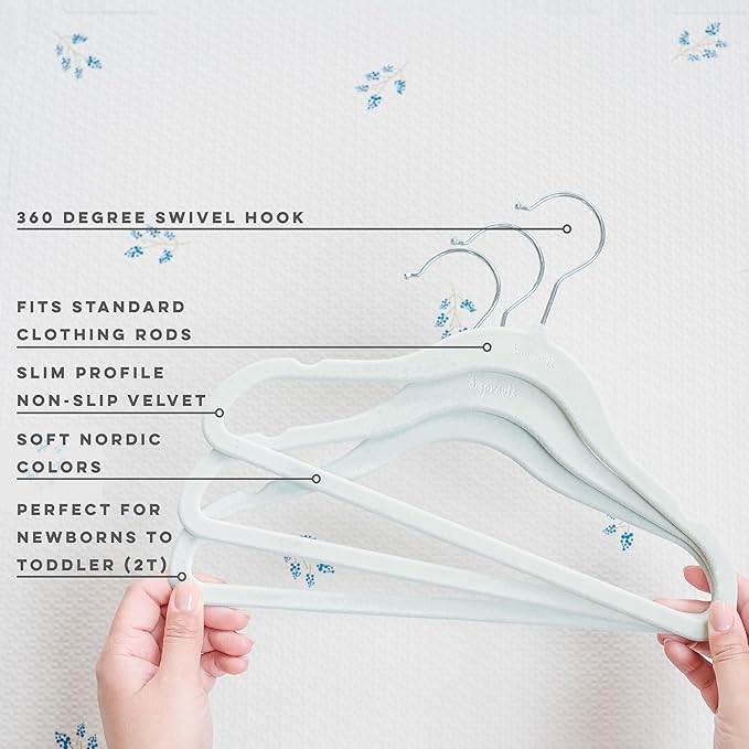 3 Sprouts Velvet Baby Hangers - Non-Slip Hanger for Infant, Toddler, Baby Clothes - Closet Kids Hangers with Slim Design, Nordic Colors, Pack of 30 - Blue
