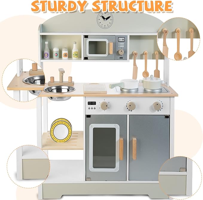 Wooden Kitchen Set for Kids, Realistic Pretend Play Kitchen Utensils Encourage Interaction for Toddlers, Simulated Kitchen Toys Set for Boys Girls Age 3+