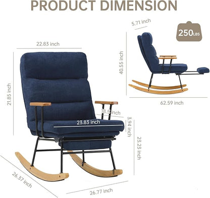 Rocking Chair with Footrest-Glider Rocker Chair with Retractable Footrest and Adjustable Backrest, Teddy Upholstered Rocking Chair Set of 2, Accent Chair for Living Room/Nursery/Bedroom/Outdoor-Blue