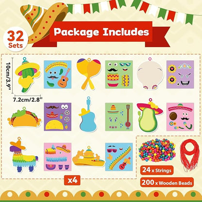 Qyeahkj Mexican Fiesta Craft Kit for Kids - 32 Pack DIY Necklaces, Taco Stickers, Arts Hanging Decoration, Party Supplies Favor, Ideal for Classroom Activities & Gift Exchange