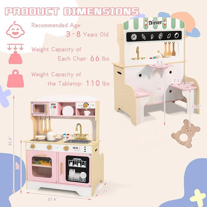 Garsing Play Kitchen Pretend for Kids Toddlers, Double Sided Toy Kitchen and Restaurant with Realistic Features, Wooden Toy Kitchen Sets with Storage and Accessories, Age 3+, Pink