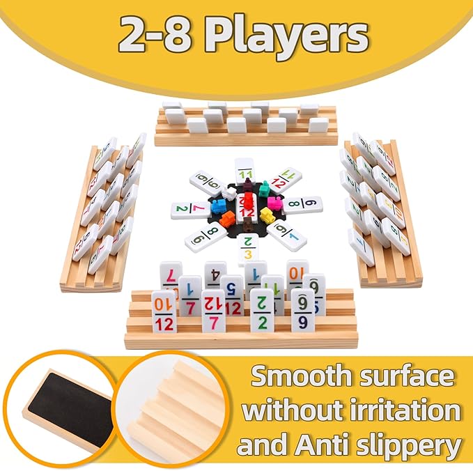 Mexican Train Dominoes Set Numbers and 8 Wooden Racks,Double 12 Travel Domino Train Game with 91 Colored Tiles and Protable Case, Number Domino Set for Kids, Adults Family Board Team Games