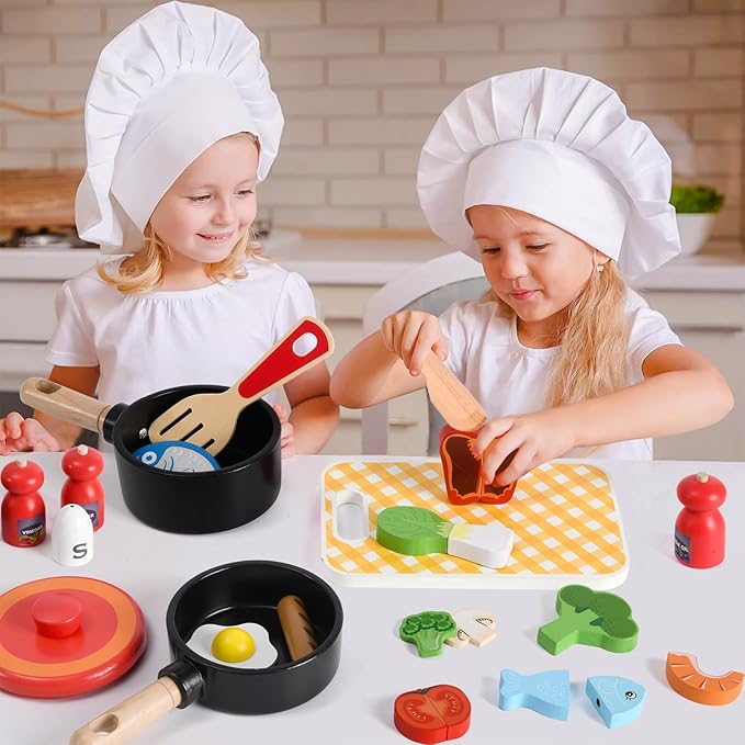 Atoylink Wooden Kids Kitchen Playset 44 Pcs Play Kitchen Accessories with Cookware, Pot, Vegetable, Fish, Play Food Set, Toddler Kitchen Toys Pretend Play Toy Gift for Kids Boys Girls Aged 3+