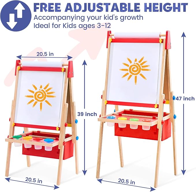 Art Easel for Kids Easel, Adjustable Wooden Kids Drawing Easel with Magnetic Whiteboard & Chalkboard, Kids Dry Erase Board,Easel for Kids Ages 3 4-8 9-12, Red w/Bag