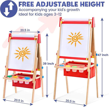 Art Easel for Kids Easel, Adjustable Wooden Kids Drawing Easel with Magnetic Whiteboard & Chalkboard, Kids Dry Erase Board,Easel for Kids Ages 3 4-8 9-12, Red w/Bag
