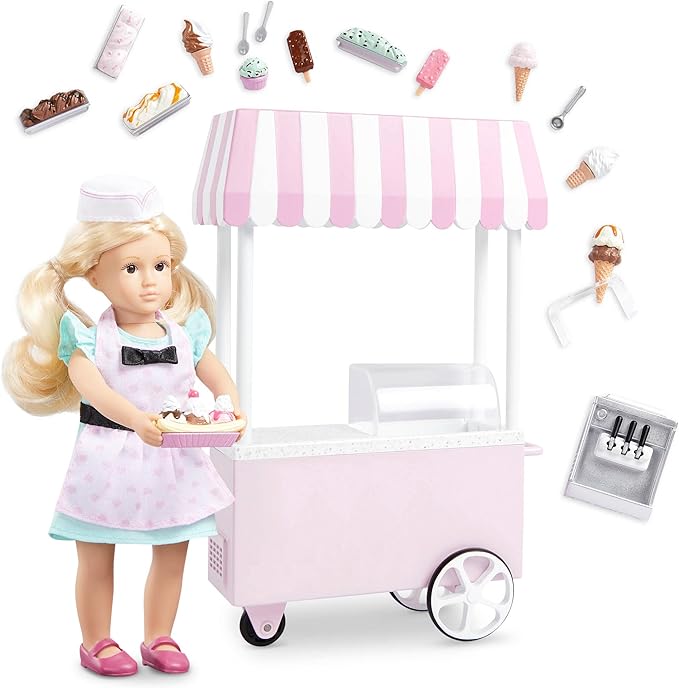 Lori – Mini Doll & Ice Cream Cart – Clothes & Ice Cream Accessories for 6-inch Dolls – Ice Cream Scoops, Cones, Soft Serve, Popsicles – Toys for Kids – 3 Years + – Evelina's Ice Cream Cart
