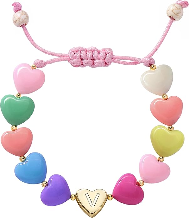 Mothers Day Gifts for Young WomenTeen Girls Kids, Initial Heart Bracelets for Little Girls Bulk, Cute Preppy Letter A-Z Charm Bracelet, Colorful Personalized 3-18 Year Old Birthday Gifts for Mom, Ganddaughter, Sisters, Toddler