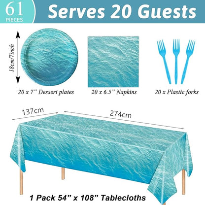 gisgfim Ocean Sea Birthday Party Supplies Ocean Waves Party Tableware Includes Ocean Birthday Party Plates Napkins Fork and Ocean Sea Theme Tablecloth for Birthday Parties Decorations Set Serve 20