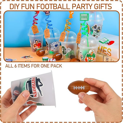 LiYiQ 158 Pcs Football Party Favors Football Party Supplies with Cup Straw Stress Ball Keychain Sticker Slaps Bracelets Whistle Thank You Tags for Football Birthday Decorations