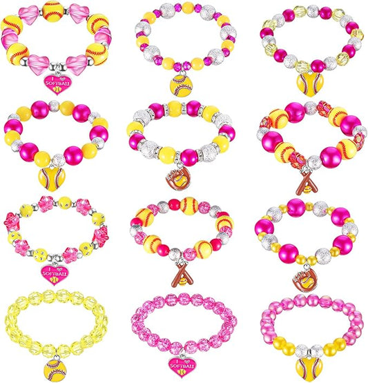 Sasylvia 12 Pcs Softball Bracelets Bulk Softball Goodie Bags Softball Party Favors Softball Jewelry Charm for Women Teens Sport Birthday Party Christmas Gifts Baseball Favor for Team