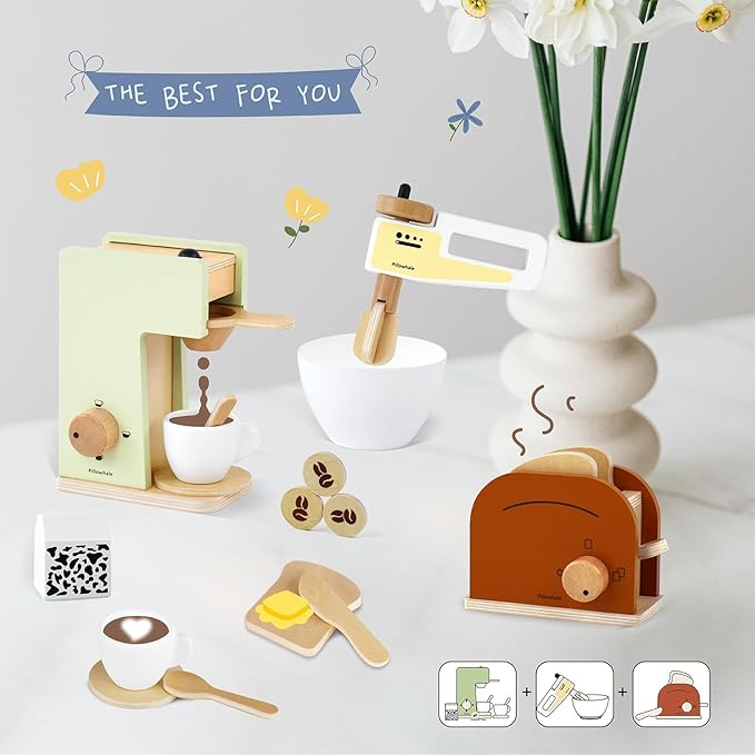 Kids Coffee Maker Playset,Wooden Toy Toaster,Toy Mixer,3-in-1 Kids Kitchen Playset,Pretend Play Kitchen Accessories,Wooden Kitchen Sets for Kids Toddlers Boys Girls Ages 3+
