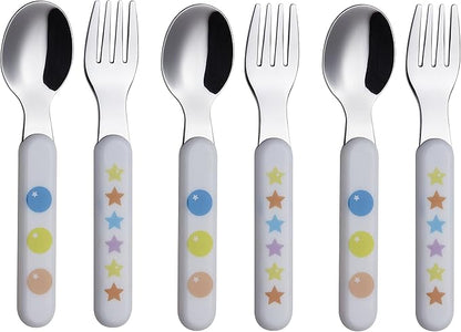 EXZACT Kids Flatware 6pcs Stainless Steel 18/10 Toddler Utensils Flatware- 3 x Forks, 3 x Spoons- BPA Free, Dishwasher Safe - 12 M+ - Stars & Dots