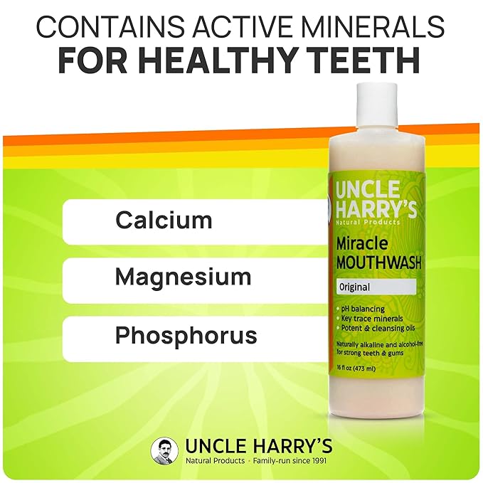 Uncle Harry's Natural Alkalizing Miracle Mouthwash | Adult & Kids Mouthwash for Bad Breath | pH Balanced Oral Care Mouth Wash & Mouth Rinse (16 fl oz)