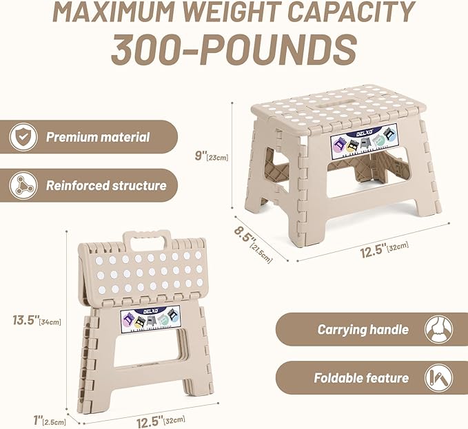 Delxo Folding Step Stool,9 Inch Lightweight Plastic Step Stool,Portable Collapsible Foldable Step Stool Non Slip Folding Stools for Kitchen Bathroom Bedroom in Khaki,1 Pack