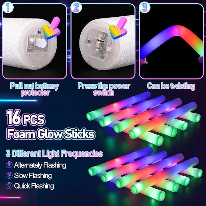 170PCS Glow in the Dark Party Supplies, 16PCS LED Foam Sticks, 16PCS LED Glasses and 100PCS Glow Sticks Necklaces Bracelets Headband, Light Up Party Favors for Kids Adults, Wedding, Concert, Birthday