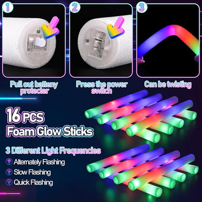 170PCS Glow in the Dark Party Supplies, 16PCS LED Foam Sticks, 16PCS LED Glasses and 100PCS Glow Sticks Necklaces Bracelets Headband, Light Up Party Favors for Kids Adults, Wedding, Concert, Birthday