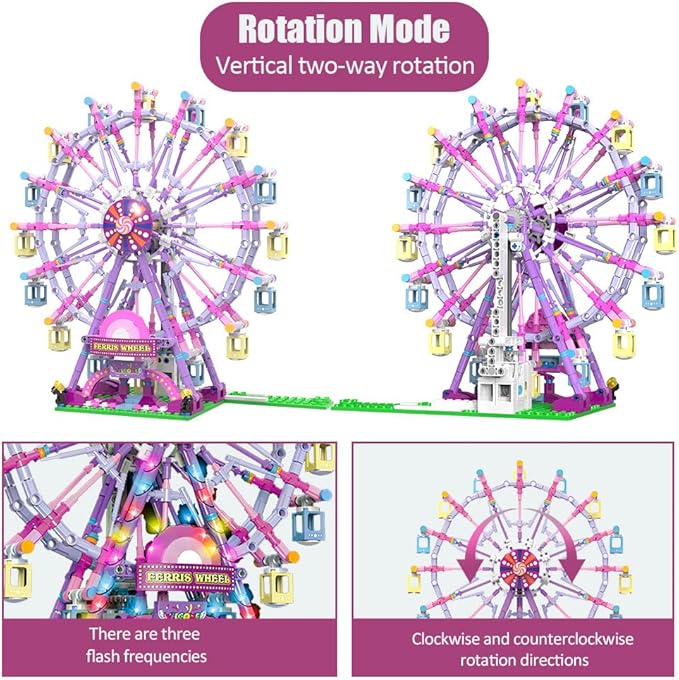 Rotating Ferris Wheel Building Blocks Kit with Lights Amusement Park Building Construction Toys Set for 6+ Year Boys Girls Birthday Gift, for Children 813pcs