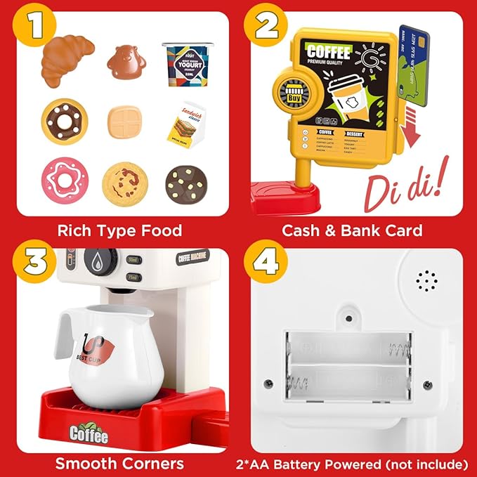 GAGAKU Toy Coffee Maker Machine and Cash Register Kit with Sound Light Kids Kitchen Pretend Play Sets Kitchen Appliances Toy for Boys Girls-Red