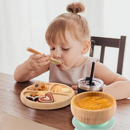 Baby Divided Bamboo Plates, Bowls with Suction and Matching Spoon Set, 3 Piece Feeding Supplies Set for Infant, Toddlers, Detachable Silicone Suction Stay Put Base for Wooden Bowl, Plate