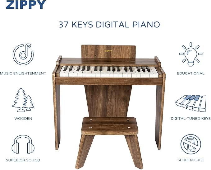 ZIPPY Kids Piano Keyboard, 37 Keys Digital Piano for Kids, Music Educational Instrument Toy, Wood Piano for 3+ Girls and Boys, Walnut Basic
