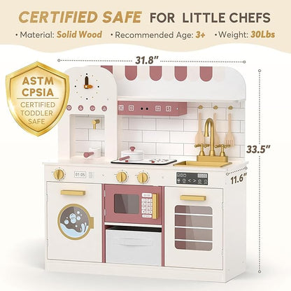 BIERUM Play Kitchen with Realistic Lights & Sounds, Wooden Kitchen Playset Chef Pretend Play Set for Toddlers, Toy Kitchen with 26 Pcs Toy Food & Cookware Accessories, Gift for Ages 3+ (White)