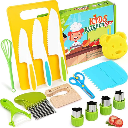 Montessori Kitchen Toys for Toddlers-Kids Cooking Sets Real-Toddler Toys Set for Real Cooking with Plastic Children Safe Knives Crinkle Cutter Kids Cutting Board-17PCS