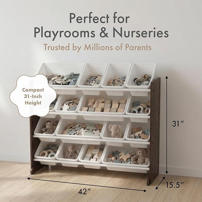 Humble Crew Toy Storage Organizer with 16 Removable Storage Bins for Kids Playroom, 4-Tier Toddler Toy Organization and Storage, Espresso/White