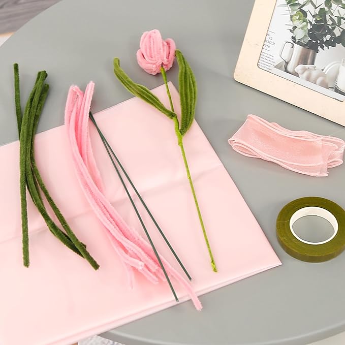 iCraftine 200 Pieces Pipe Cleaners Craft Supplies DIY Chenille Stems Tulip Bouquet Kit with Step-by-Step Video Tutorials for Wedding Gift, Holiday Decoration