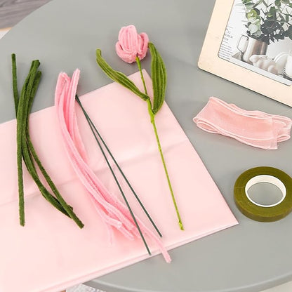 iCraftine 200 Pieces Pipe Cleaners Craft Supplies DIY Chenille Stems Tulip Bouquet Kit with Step-by-Step Video Tutorials for Wedding Gift, Holiday Decoration