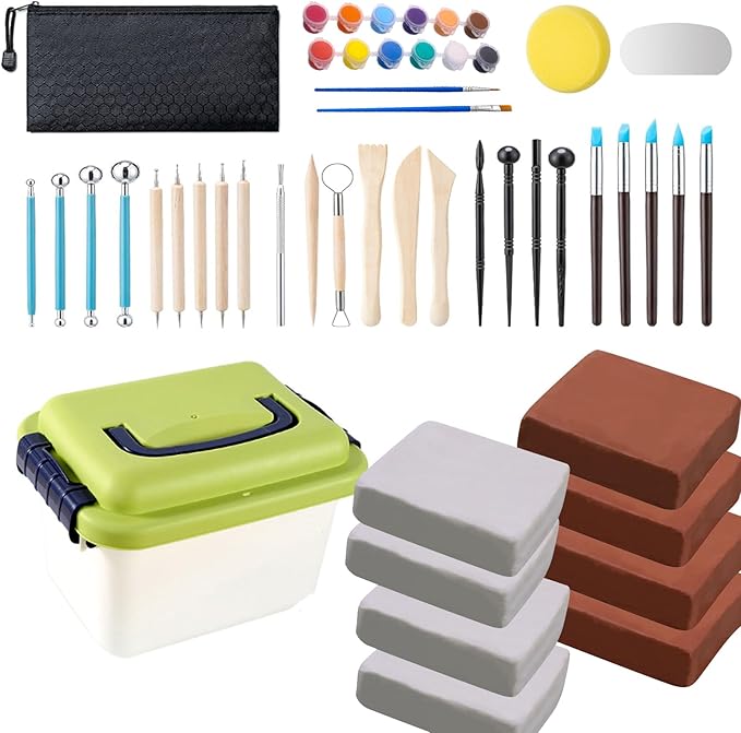 10 lb White+Terracotta Natural Air-Dry Clay + 30 pcs Pottery Tools + Storage Box,Ideal for Wheel Throwing,Hand Building,Sculpting;Great for All Skill Levels;Whiteware Clay for Pottery