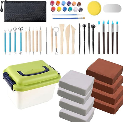 10 lb White+Terracotta Natural Air-Dry Clay + 30 pcs Pottery Tools + Storage Box,Ideal for Wheel Throwing,Hand Building,Sculpting;Great for All Skill Levels;Whiteware Clay for Pottery