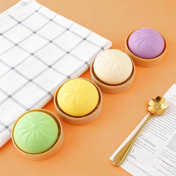 4PCS Dumpling Squishy, Colorful Dumpling Stress Balls Fidget Toys Adults, Squeeze Dough Ball Stress Relief Hand Toys, with Food Steamer Stretchy, for Classroom Prizes, Easter Basket Stuffers