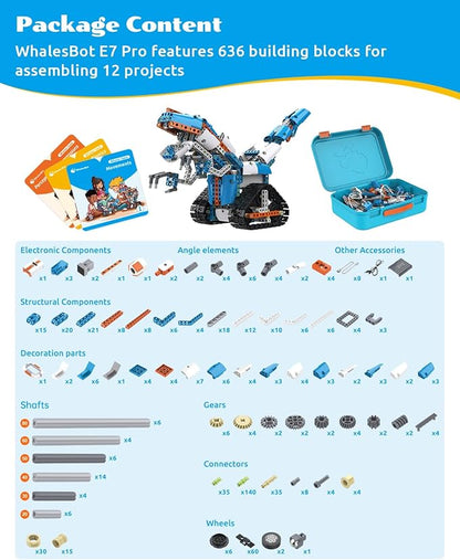 WhalesBot E7 Pro 12-in-1 STEM Coding Robot Kit for Kids 8-12, 637-Piece Building Set with Scratch Programming, Interactive Books & 3D APP Guidance – Ideal Educational Toy for Boys & Girls