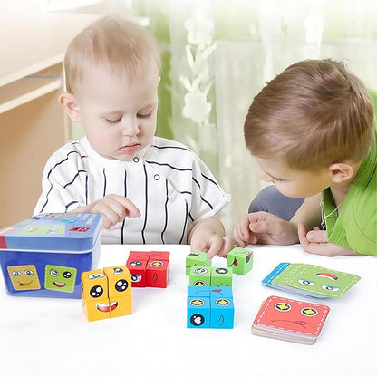 Face Changing Building Blocks Game, Wooden Expression of Face Change Magic Cube Educational Puzzles Toy Fidget Toys Cube Mini Board Game for Kids and Adults with 72 Cards (Medium)