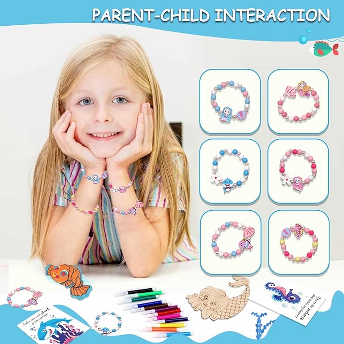 SOSAZOZA 12 Pack Mermaid Party Favors, Wooden Ornaments for Crafts, Chrismas Gifts Set, Mermaid Party Supplies, Mermaid Birthday Party Favors, Includes Mermaid Bracelet, Colored Pen, Card, Rope