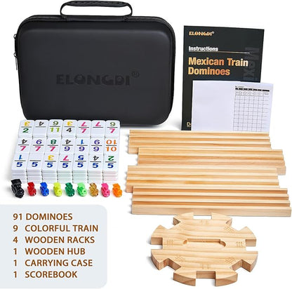 Mexican Train Dominoes Set with 4 Wooden Trays/Racks and Portable Carrying Case,Travel Colorful Double 12 Dominoes - 91 Numbered Tiles,for Kids and Adults