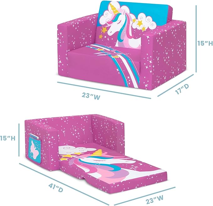 Delta Children Unicorn Cozee Flip-Out Chair For Relaxing - 2-in-1 Convertible Lightweight,Portable Chair to Lounger for Toddlers & Kids