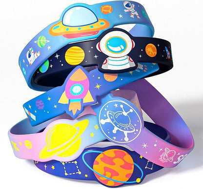 24 Outer Space Party Favors Birthday Supplies Galaxy Astronaut Silicone Bracelets Bulk Kids Boy Girl Toy Gift for Goodie Bag Stuffer Class Prize Christmas Easter Space Themed Party Favors