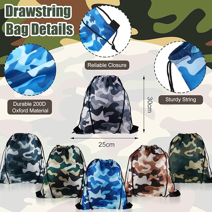 36 Pcs Tie Dye Camouflage Party Kit Camo Drawstring Bag Bulk Camouflage Military Rubber Keychain Silicone Camo Bracelet for Adult Kid Travel Paintball Camping Birthday Party Supplies (Classic Camo)