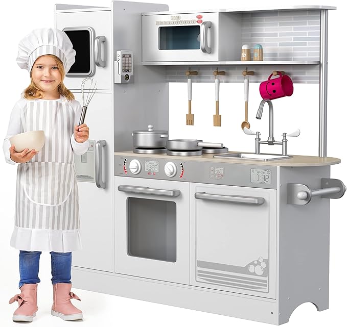 Play Kitchen - Wooden Kitchen Playset for Toddlers and Big Kids - Large Pretend Toy playset for Boys and Girls with Cooking Stove, Oven, Pots, Pans, Phone, Microwave, Fridge, Sink, Utensils - Ages 3-8
