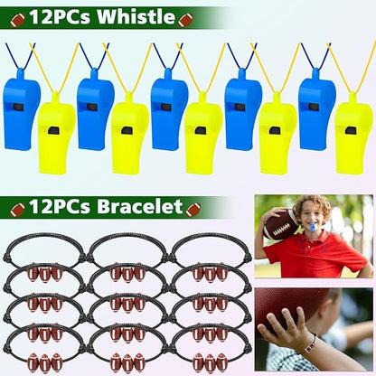320pcs Football Party Favors with Football Party Bags Football Whistle Mini Foam Football Slap Bracelets Keychains Sticker Tattoo for Party Goodie Bag Fillers Football Party Decorations