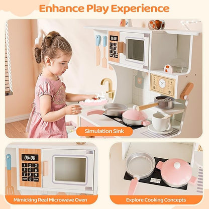 JOYMOR Kids Play Kitchen Sets, Toddler Kitchen w/Kitchen Sink & Ample Play Kitchen Accessories, Ideal for Creative Pretend Play for Children 3-10 (Cream&Gold)